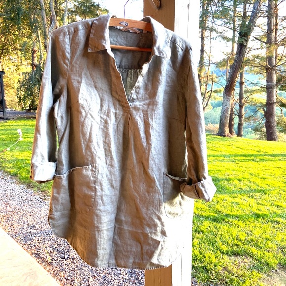 Linen Pocket Tunic Sage Soft Surroundings Collar Pearl Button - Picture 2 of 10